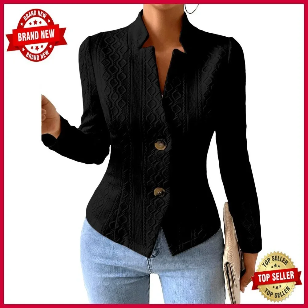 Petite Jacquard Knit Blazer Slim Fit V-Neck Stand Collar Work Coat